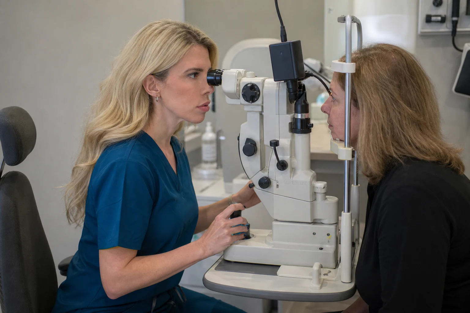 Η Δρ. Σοφία Ζωγάνα προετοιμάζει ασθενή για laser αμφιβληστροειδούς